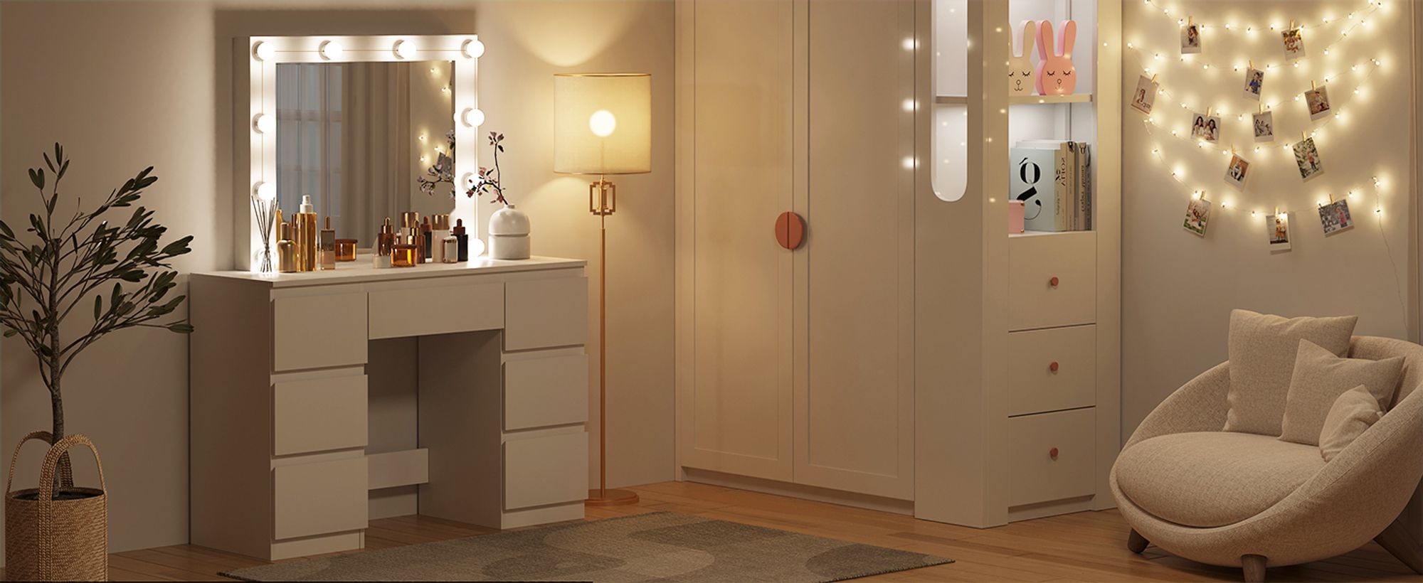 WOLTU Schminktisch mit LED-Beleuchtung, einstellbare Helligkeit, Weiß