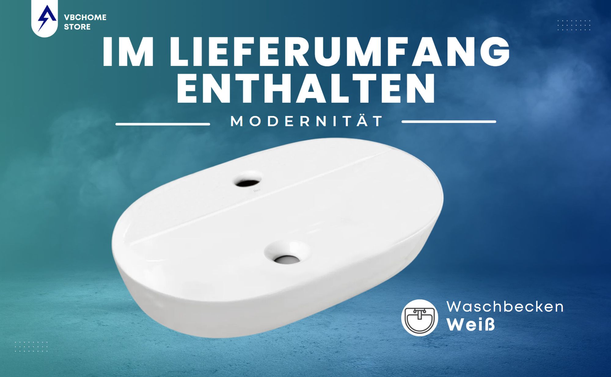 VBChome Waschbecken 60 x 40 cm Keramik Weiß Oval mit Hahnloch Waschtisch Handwaschbecken Aufsatzwaschbecken Waschschale Keramikwaschbecken Waschbecken