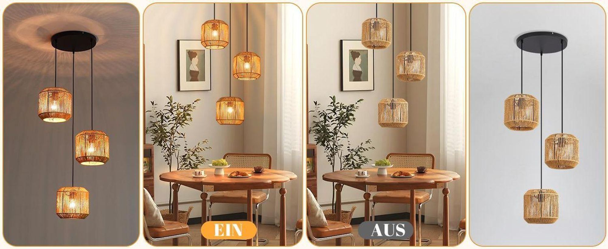 Lámpara colgante ZMH estilo bohemio, lámpara de ratán, regulable en altura, con 3 luces, ideal para mesa de comedor, con casquillo E27, para dormitorio. No incluye bombillas