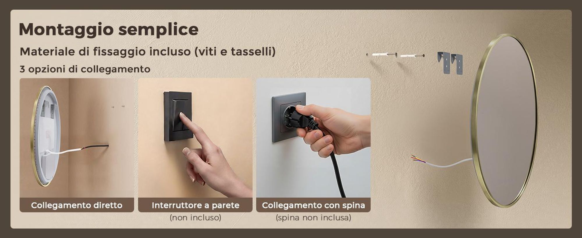 S'AFIELINA Specchio Bagno LED Rotondo 80 cm, Cornice Dorata,3 colori di luce, luminosità regolabile, antiappannamento, orologio e temperatura