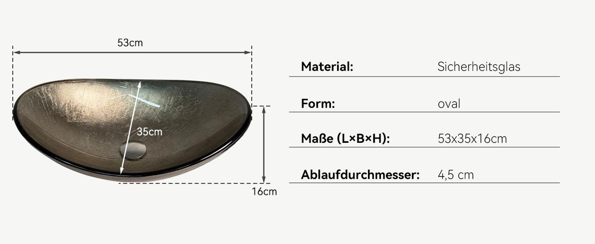 Puluomis Waschbecken Glas Aufsatzwaschbecken Waschschale Oval mit Wasserhahn Ablaufgarnitur Champagner
