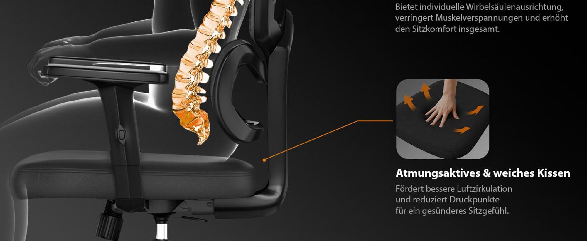 SENSE7 VENO Ergonomischer Bürostuhl - Schreibtischstuhl Schwarz Geteilte Rückenlehne Kopfstütze Netzrücken Gummirollen Homeoffice Chefsessel 120 kg