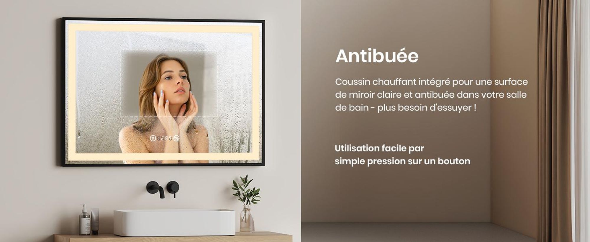 EMKE Miroir de salle de bain LED Miroir de salle de bain 50x70cm Miroir lumineux avec cadre noir Interrupteur tactile, antibuée et fonction horloge