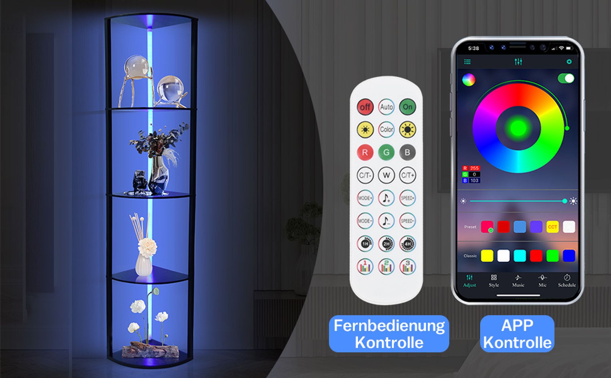 5 Stehend Eckregal 6 Farbtemperaturen LED Stehlampe 1.6m Stehlampe mit Regal aus Holz 2700-6500K RGB Eckvitrine Standleuchte Wohnzimmer Schlafzimmer