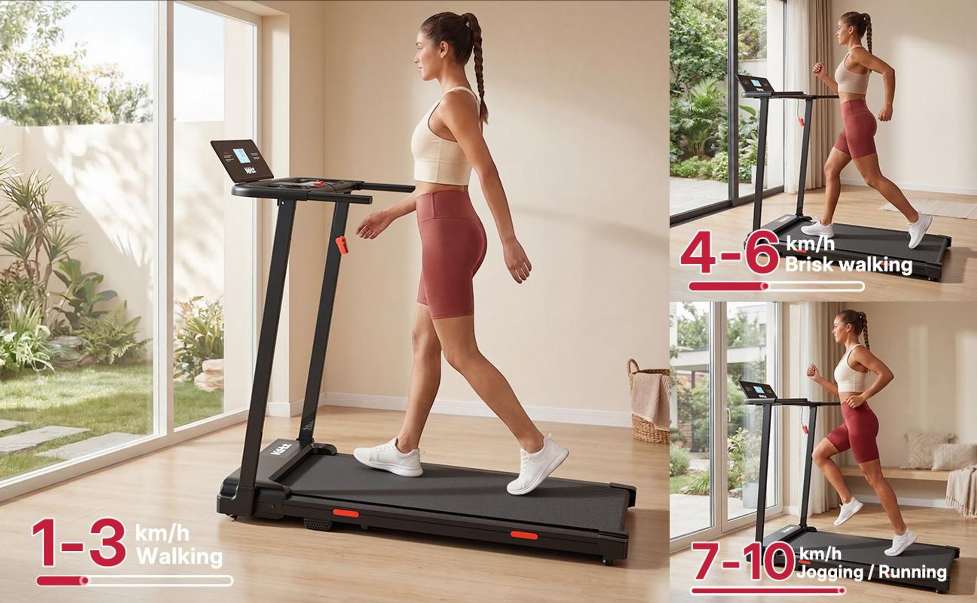 Kehot Walking Pad Laufband mit Handlauf, bürstenloser Motor, 1–10 km/h, LCD Display, 12 Programme, klappbar für Zuhause & Büro