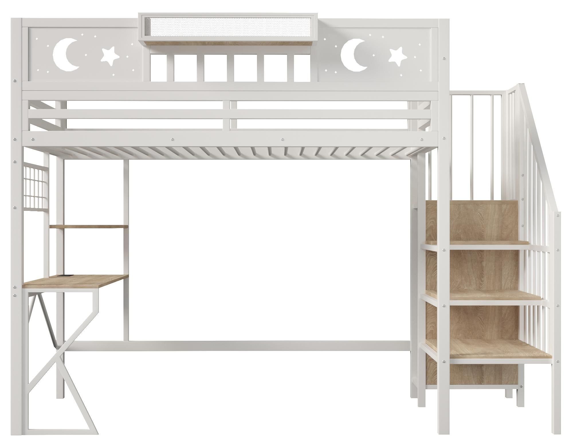 Flieks Etagenbett 140x200cm mit USB, Hochbett mit Led, Kinderbett Jugendbett mit Schreibtisch und Lochwand, Stockbett Metallbett mit Treppe, Weiß