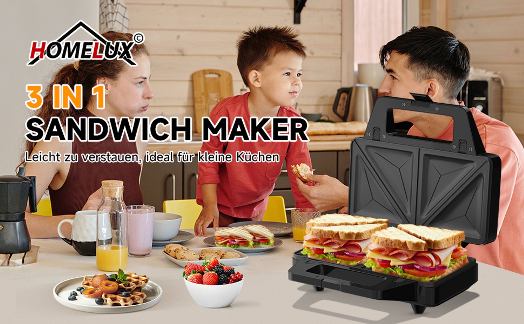 HOMELUX 3-in-1 Sandwichmaker 1000W Waffeln Paninitoaster Grillplatten | Antihaftbeschichtung | Cool-Touch-Griffe | Waffeleisen Kontaktgrill