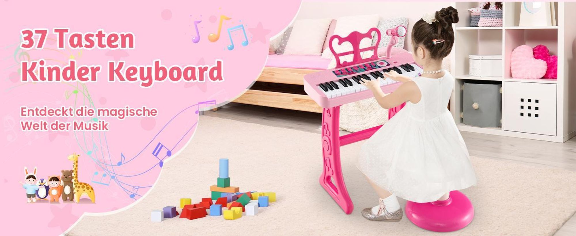 Kinder Keyboard, 37 Tasten E-Piano mit Notenständer & Mikrofon & Hocker, Klavier Spielzeug für Kinder ab 3 Jahren, Belastbar bis 50kg (Blau)