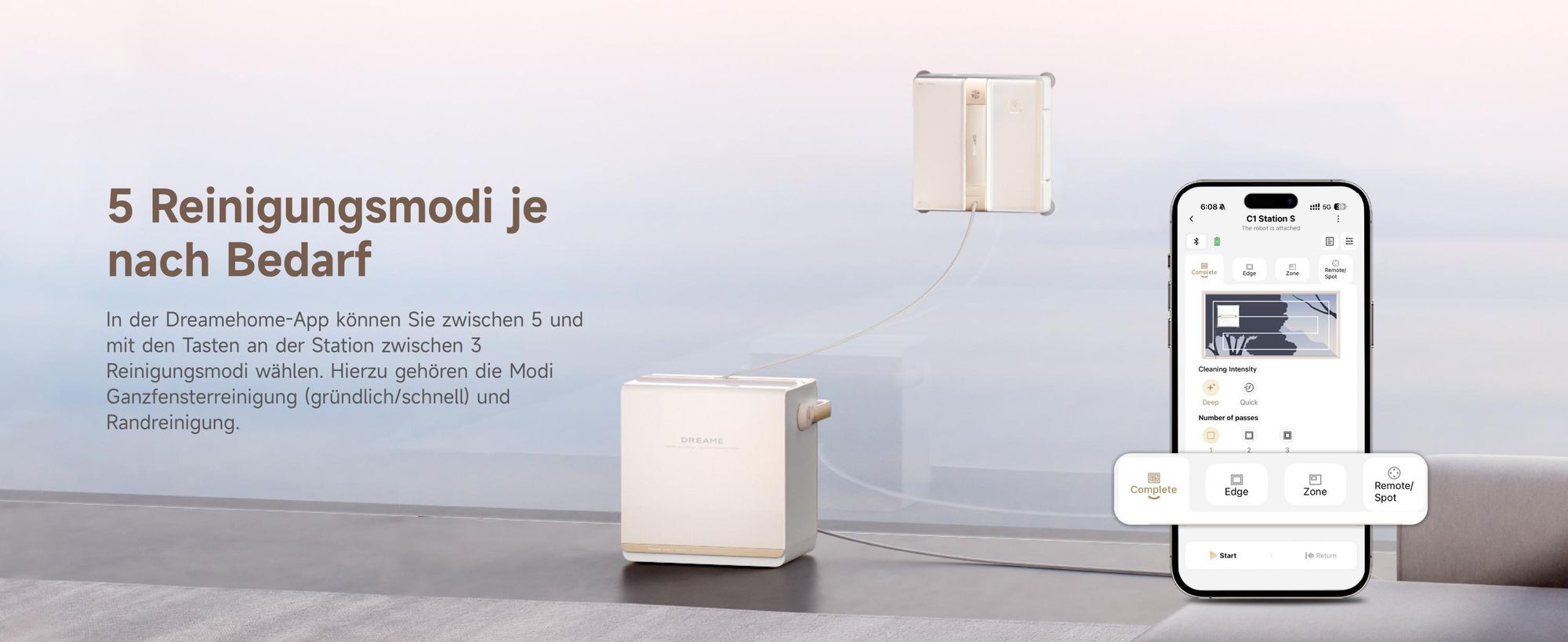 Dreame C1 Station S Kit Fensterputzroboter,Stabil und sicher,Nass-und Trockenreinigung,Dual-Spray,Intelligente Navigation,mobile Station,App,Creme