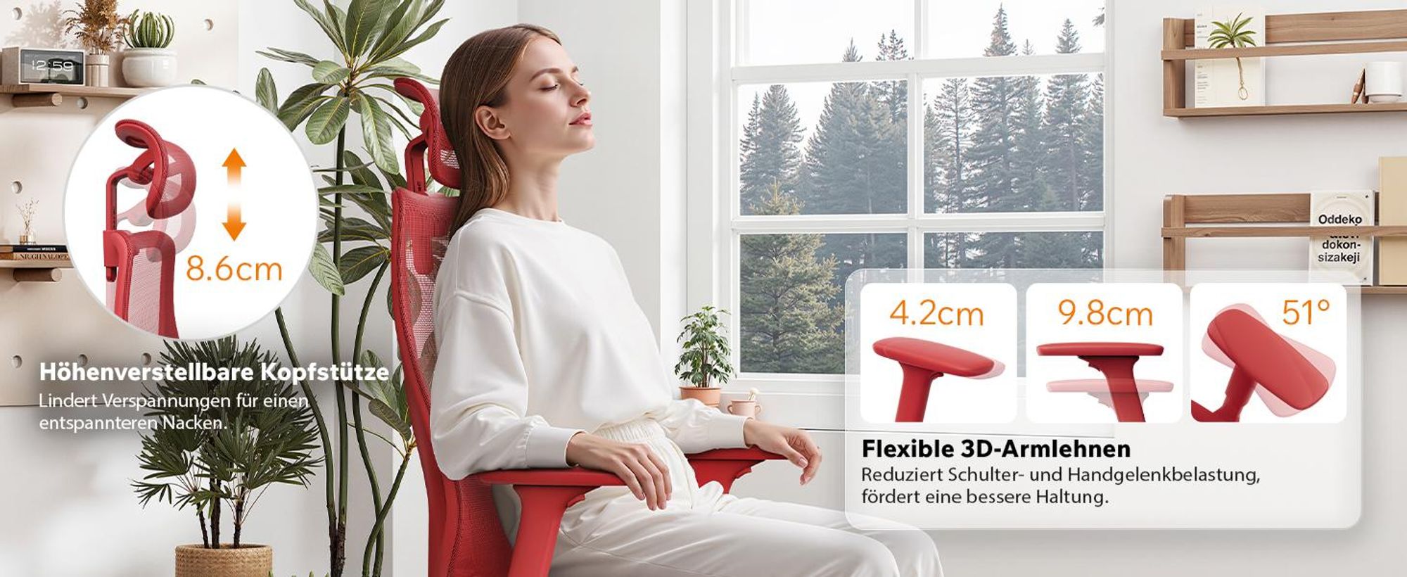 SENSE7 Moyo Ergonomischer Bürostuhl Schreibtischstuhl Rot 3D-Armlehnen Netzrücken Lendenwirbelstütze Chefsessel PC Stuhl Homeoffice 150 kg