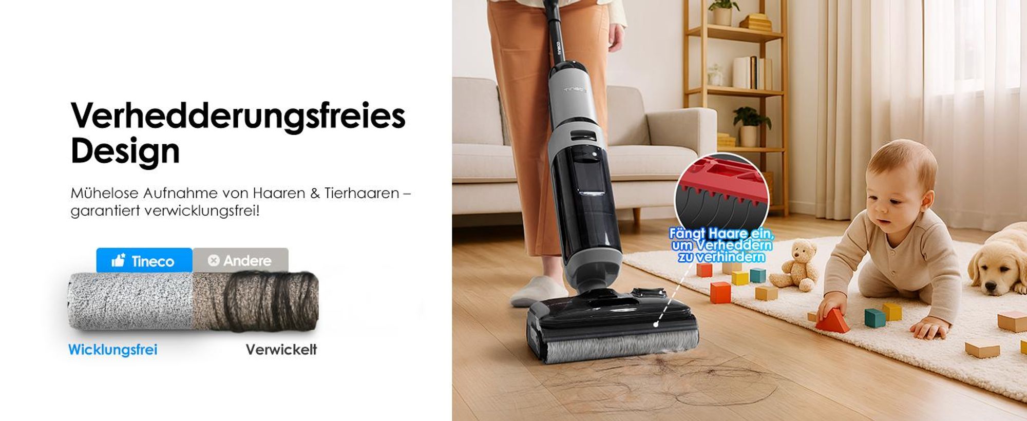 Tineco FLOOR ONE i5 Stretch Nass Trockensauger, 180° Lay-Flat Waschsauger, 20kPa Saugkraft, Beidseitige Kantenreinigung, 30 Min, Anti-Tangle