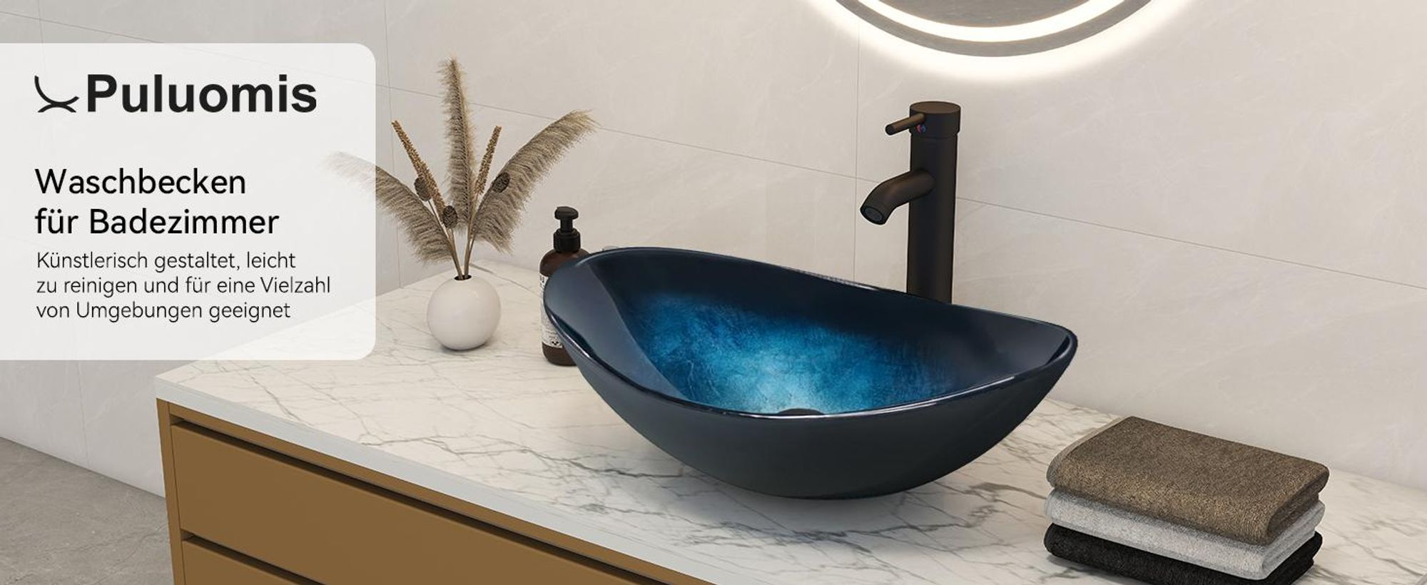 Puluomis Waschbecken Glas Aufsatzwaschbecken Waschschale Oval mit Wasserhahn Ablaufgarnitur Schwarz dunkelblau