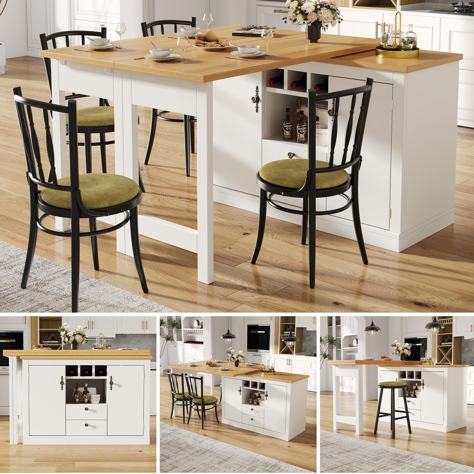 Flieks Drehbarer Bartisch mit Sideboard, Ausziehbarer Bartisch 360° Drehbar,  Kommode mit Schubladen, Weinregal und Türen, 120-180x40x76cm, Weiß