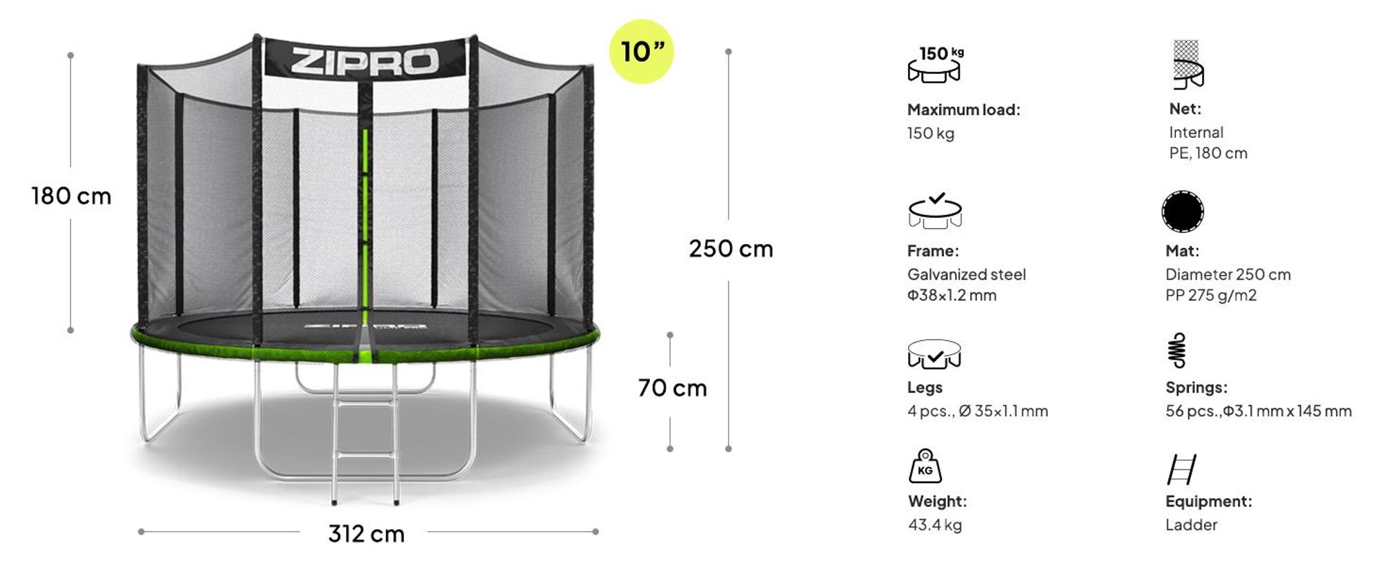 ZIPRO trampolína Jump Pro Out | 10FT Ø 312 cm | Záhradná trampolína Detská trampolína Kompletná sada vrátane vonkajšej siete, rebríka a krytu okraja, vonkajšia, zelená