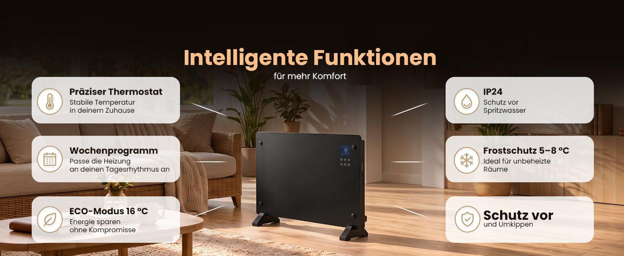 EXTRALINK Glass Panel Heater Glasheizung 2000W WLAN, WiFi, Thermostat, Schwarz