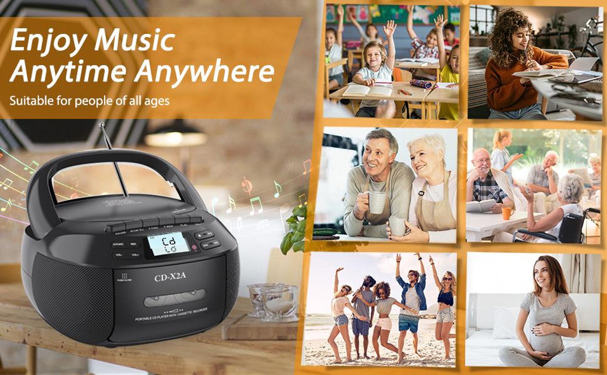 ZELURXX Tragbarer CD-Kassettenrekorder Boombox mit Bluetooth 5,1, USB/AUX, AM/FM Radio, Aufnahmefunktion, Fernbedienung, Schwarz