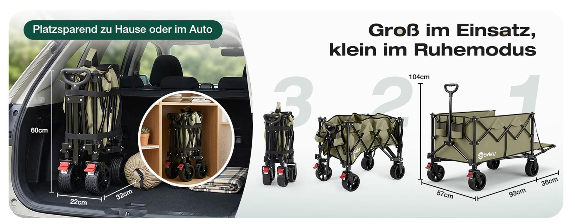 Sekey Klappbar Bollerwagen mit Faltbarer Heckklappe, 160L & 240L 150KG, Olivgrün