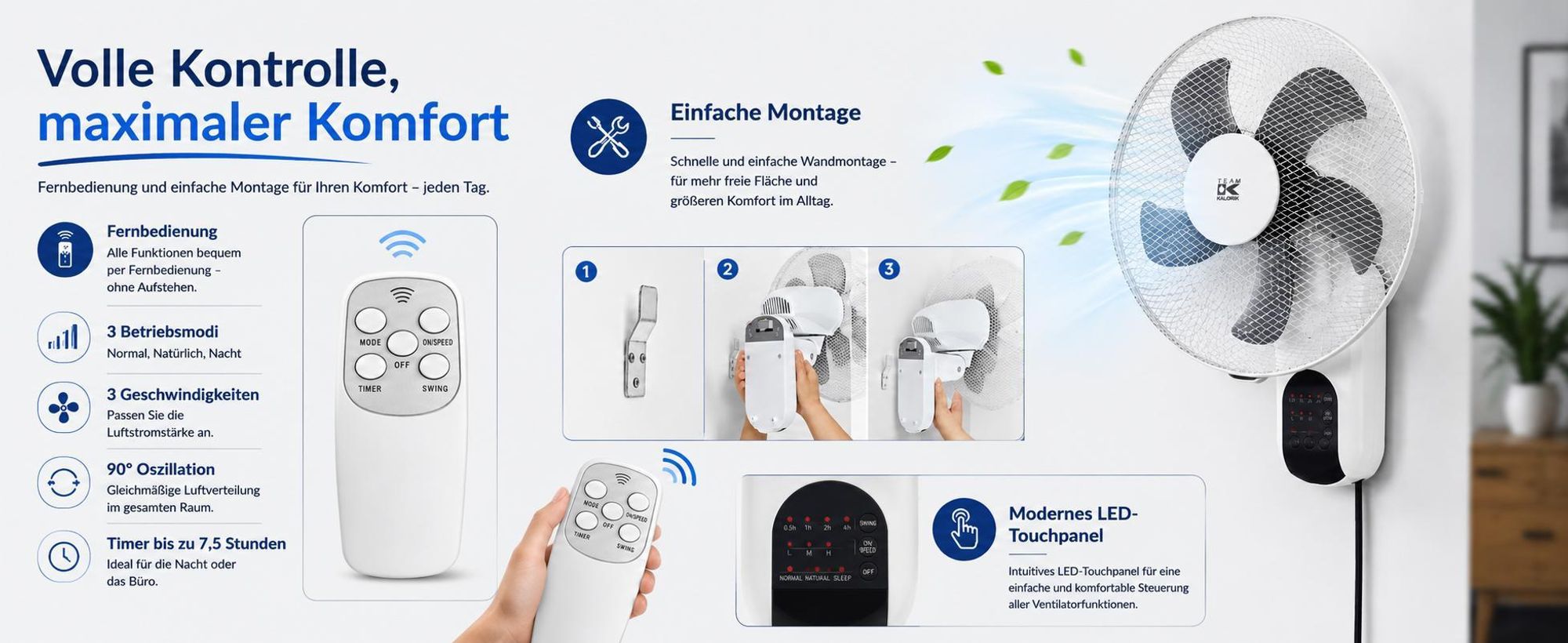 WANDVENTILATOR mit FERNBEDIENUNG WEISS 45W OSZILLATIONSTIMER