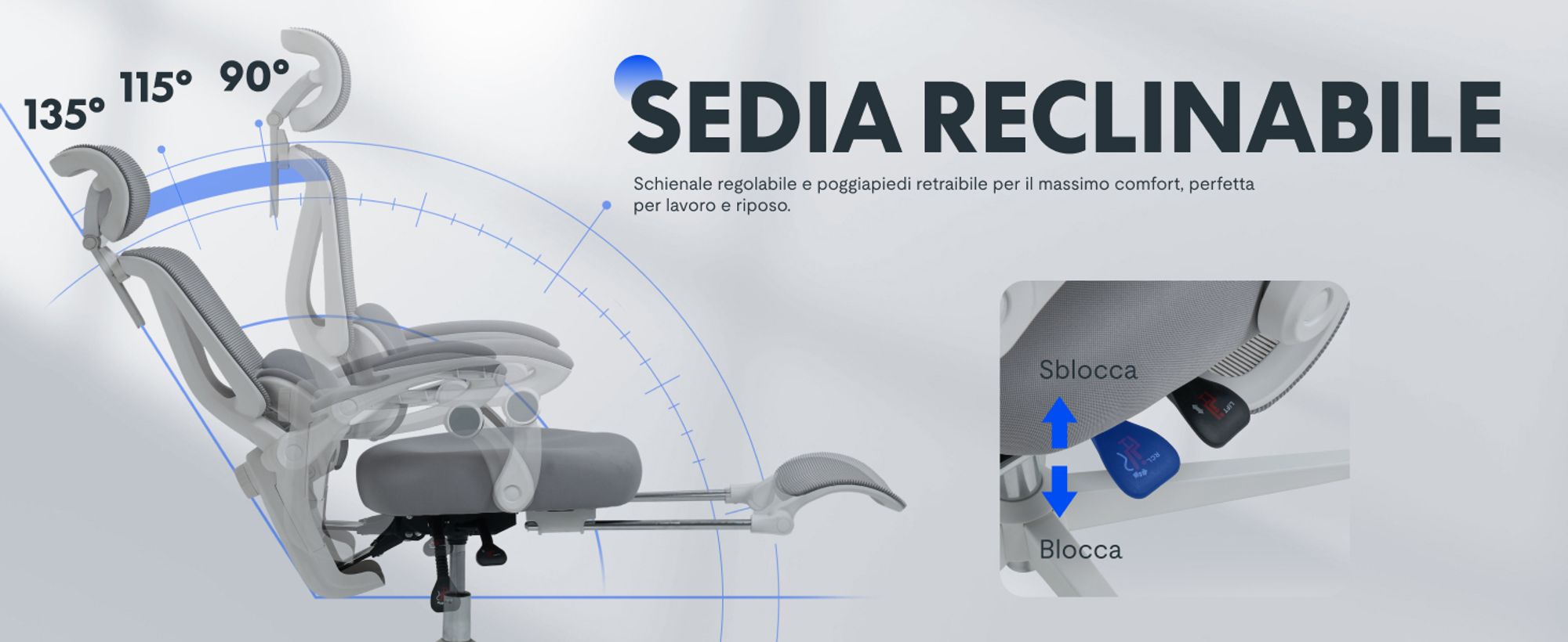 FLEXISPOT: sedia da ufficio ergonomica con poggiatesta 3D, supporto lombare regolabile, funzione reclinabile da 90 a 135°, braccioli collegati, poggiapiedi, portata massima 136 kg, colore grigio