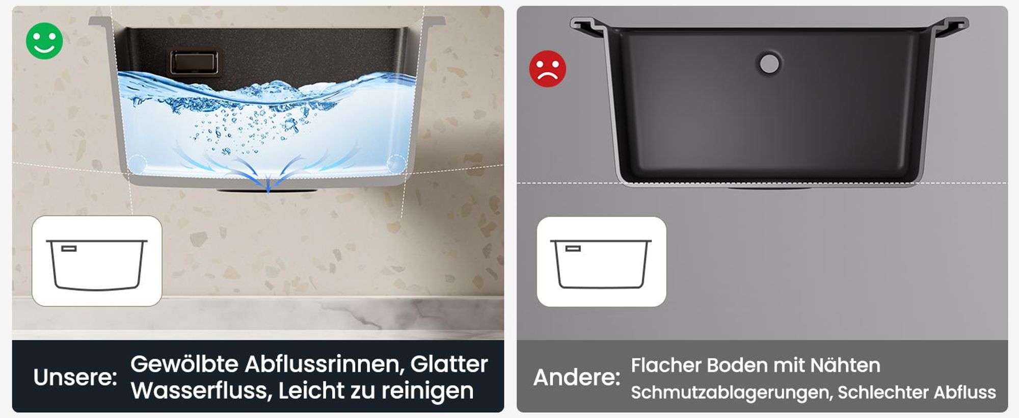 Granitspüle mit Siphon 40 x 45 cm, pflegeleichte & kratzfest Küchenspüle, Hitzebeständig Einbauspüle Schwarz, Cecipa MAX Spülebecken für Küche