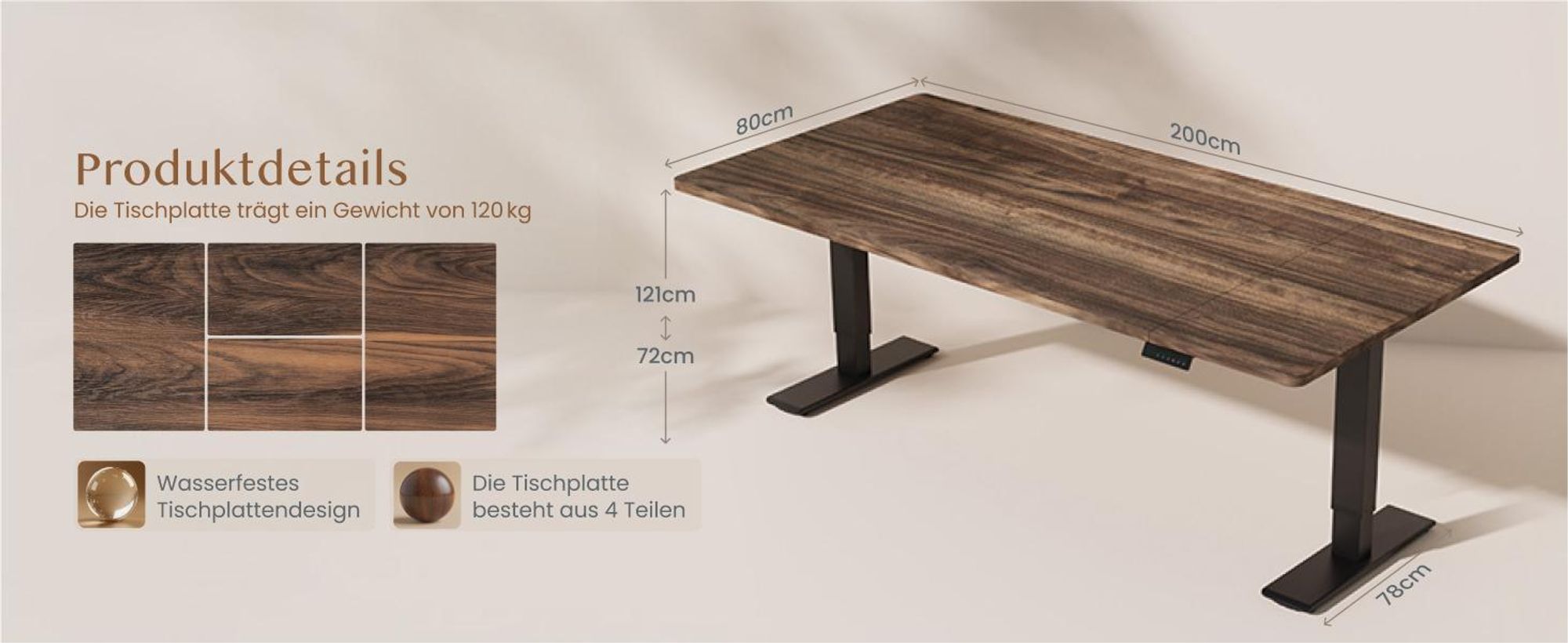 FLEXISPOT QB2 Höhenverstellbarer Schreibtisch Elektrisch 200x80cm, 2 STARKE MOTOREN, 120 kg Tragkraft, Antikollisionsschutz, 4 Memory-Funktion (Braun)