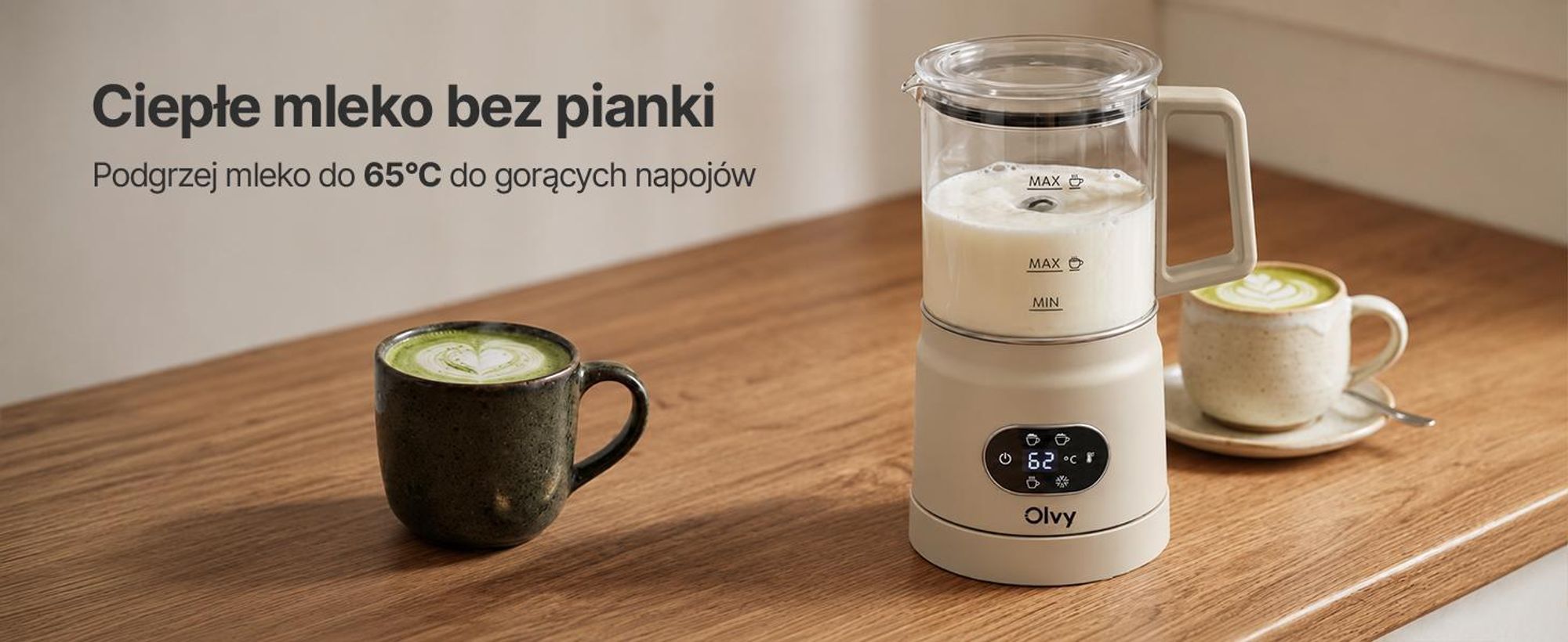 Olvy Electric Milk Frother ze Szkła 4 w 1, 500 W, Wyświetlacz Temperatury, Spienia 160 ml, Podgrzewa 400 ml, Ciepła i Zimna Pianka, Beżowy