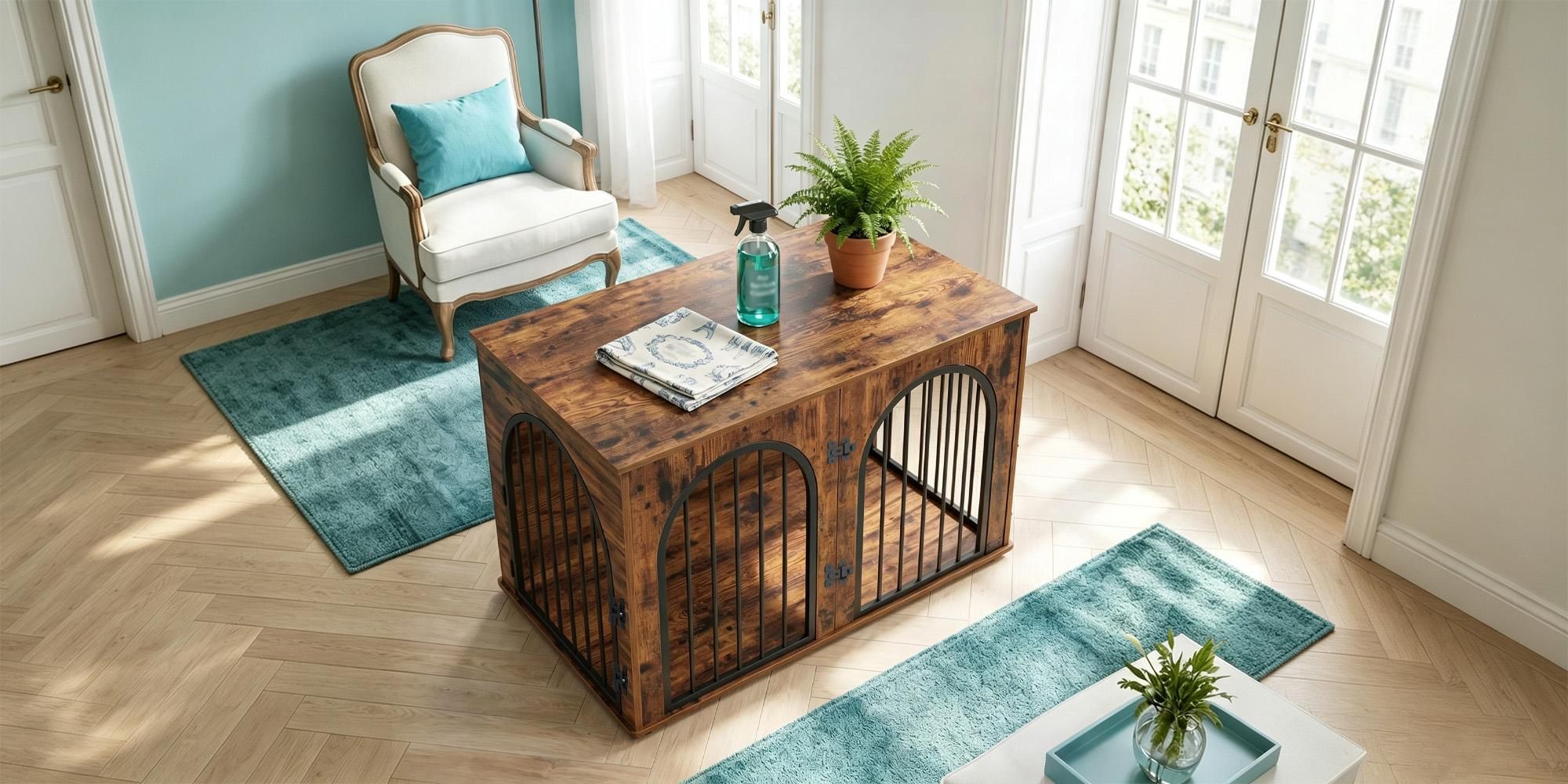 Hundekäfig Möbel, 100 cm Hundebox Möbel, 3 Türen, Vintagebraun Bogentür, Moderne Hundebox Indoor für Hunde, Beistelltisch, Hundekäfig Hochbelastbar