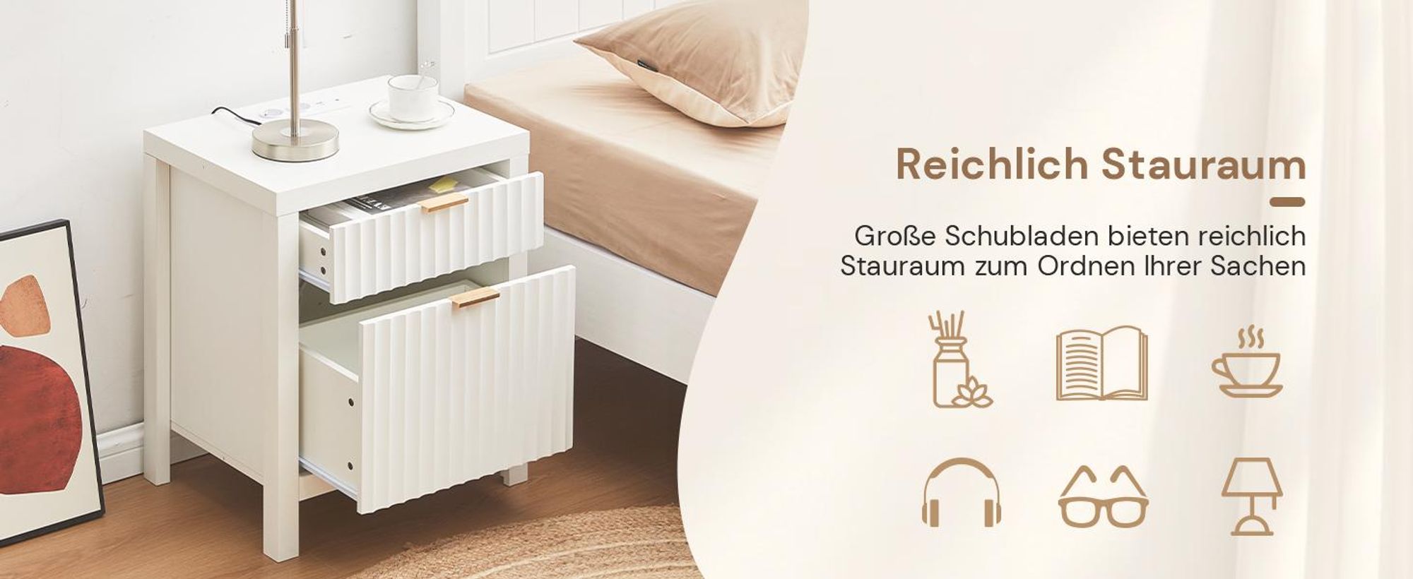 CLIPOP 50x38x63cm Nachtkommode,2 Schubladen Nachttisch mit Ladestation