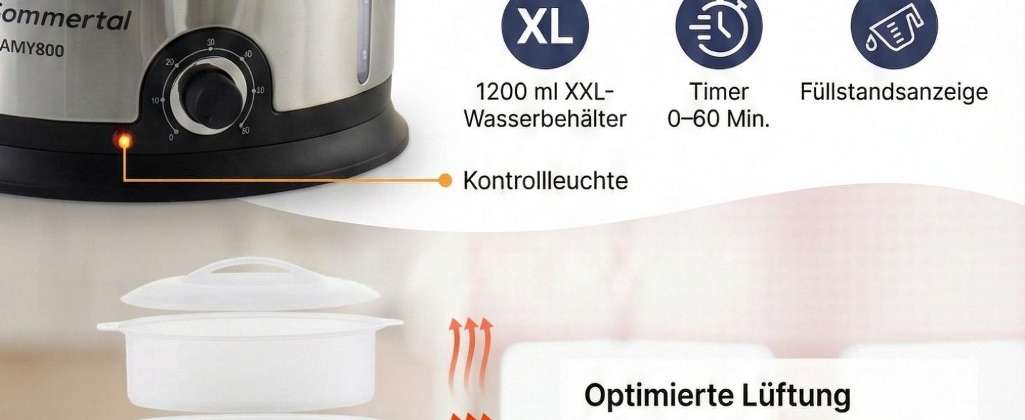Sommertal Dampfgarer STEAMY800 Dämpfer 800W 3 Schicht Topf BPA-Frei regelbar 0-60 min. spülmaschinenfest Kunststoff Dampftopf