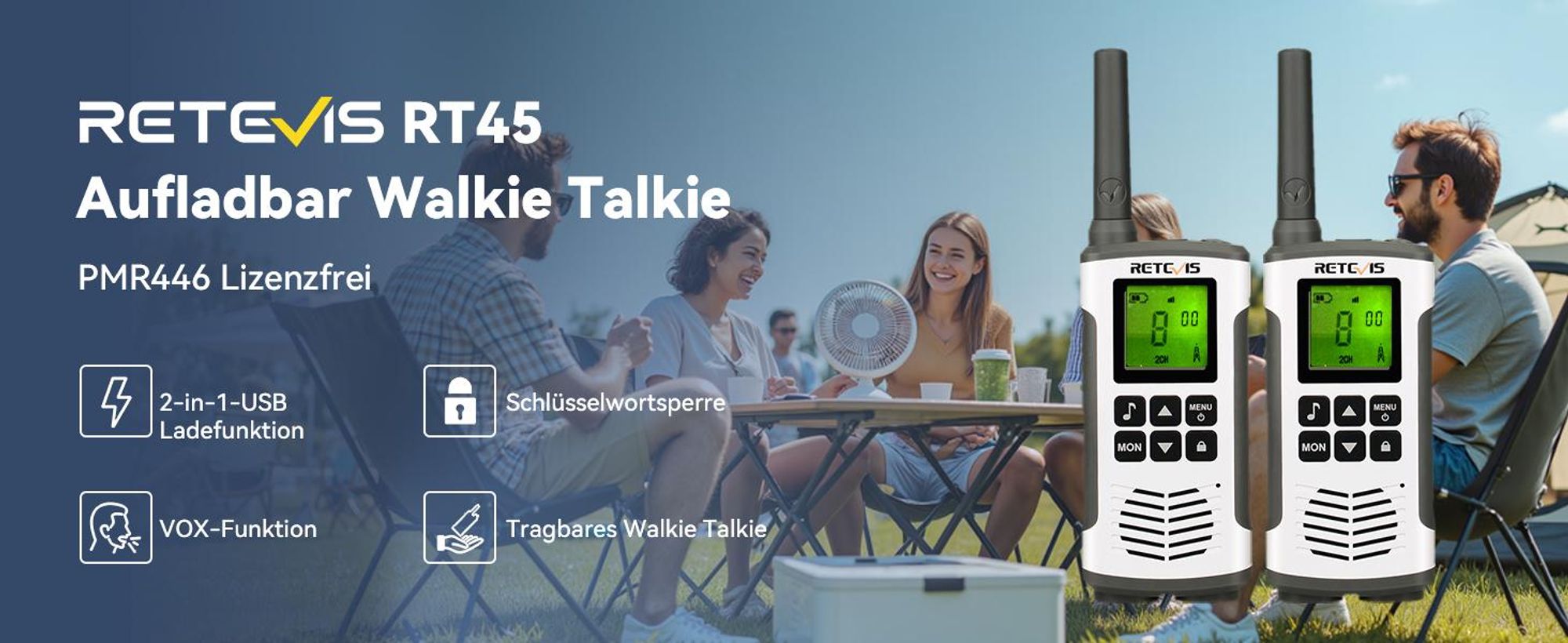 Retevis RT45 Walkie Talkie, Aufladbar USB Lizenzfrei 16 Kanäle, VOX Taschenlampe PMR446 Walkie Talkie für Familie Camping(4er)