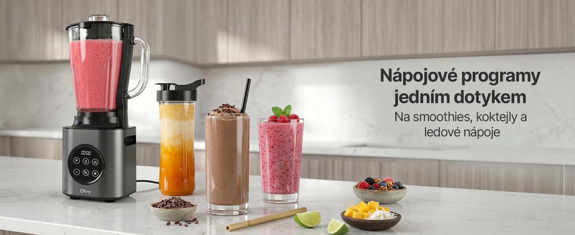 Mixér Olvy, 1000 W, s 1,5litrovou skleněnou nádobou a 600ml kelímkem z materiálu Tritan, 9 rychlostí, pulzní funkce, drcení ledu, funkce pro přípravu smoothie a mléčných koktejlů