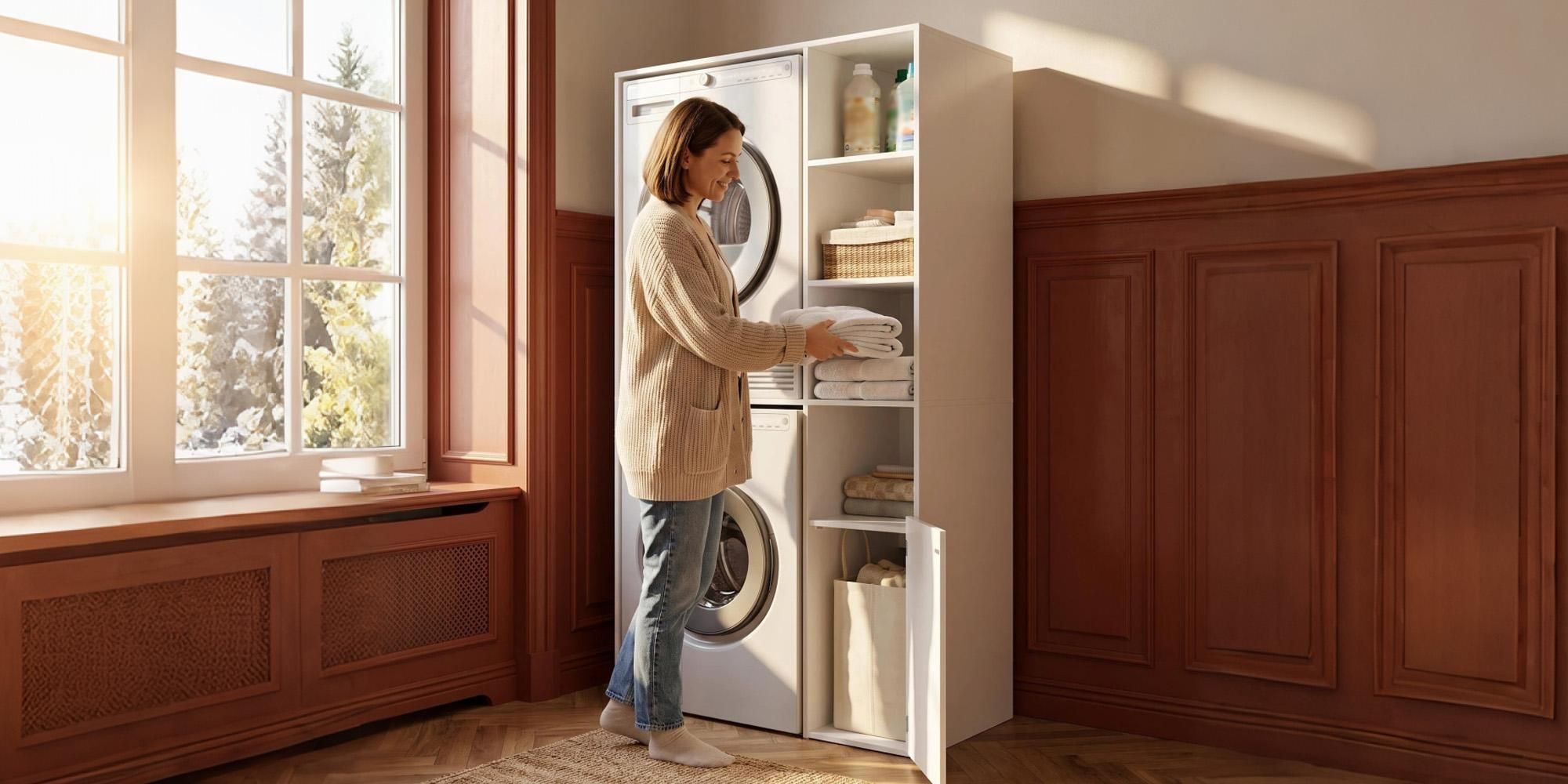 FobyFurny Waschmaschinenschrank für Waschmaschine Wäschetrockner DOPPELT Hochschrank für Trockner & Waschmaschine, mit Wäschekorb, off. Regalböden