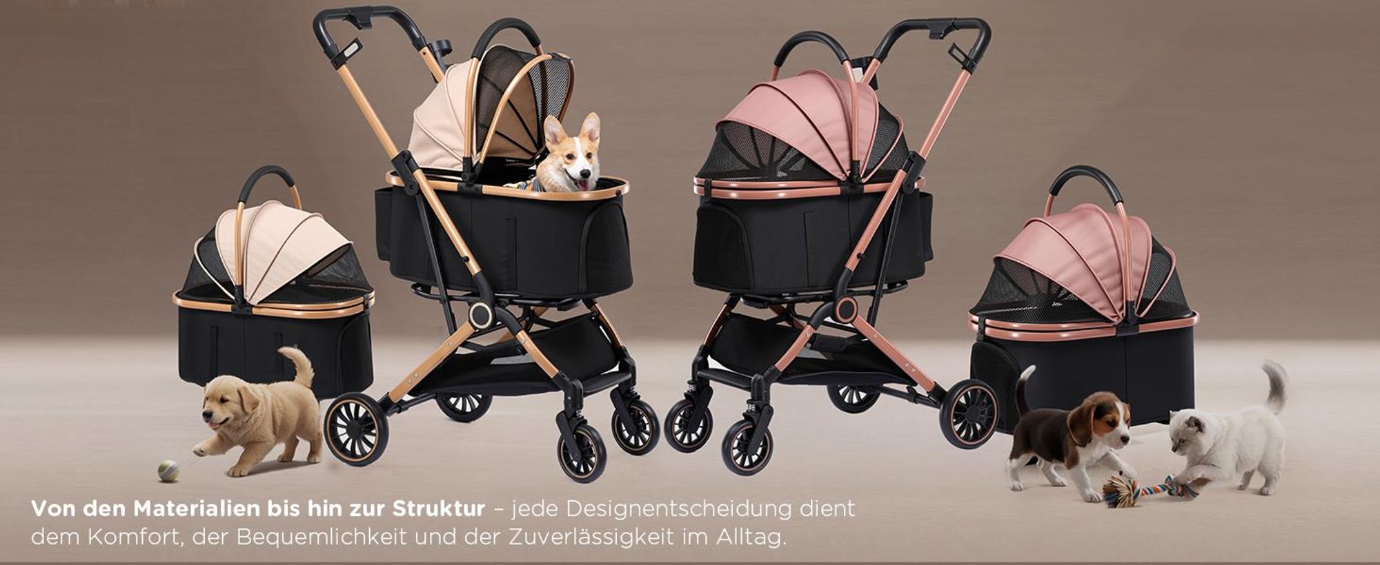 COMHOMA Hundebuggy klappbar bis 25KG, 360°schwenkbares EVA-Vorderrad und Hinterradbremsen, 4-in-1 Hundewagen, Faltbar Katzenwagen Gold