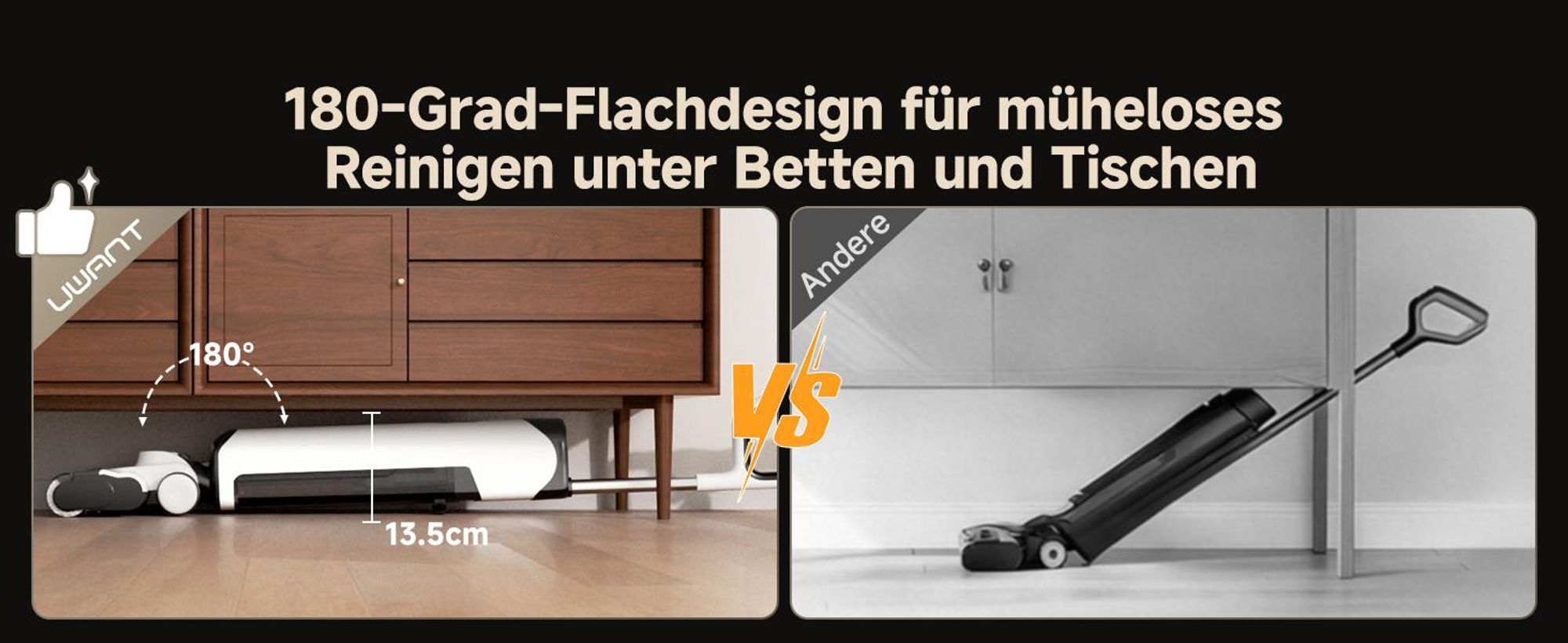 uwant D500 Nass Trockensauger,Abwassertanks-Desodorierung,180° Lay-Flat Saugwischer,17,000 Pa Saugkraft,65°C Leise Heißtrocknung,Selbstreinigend