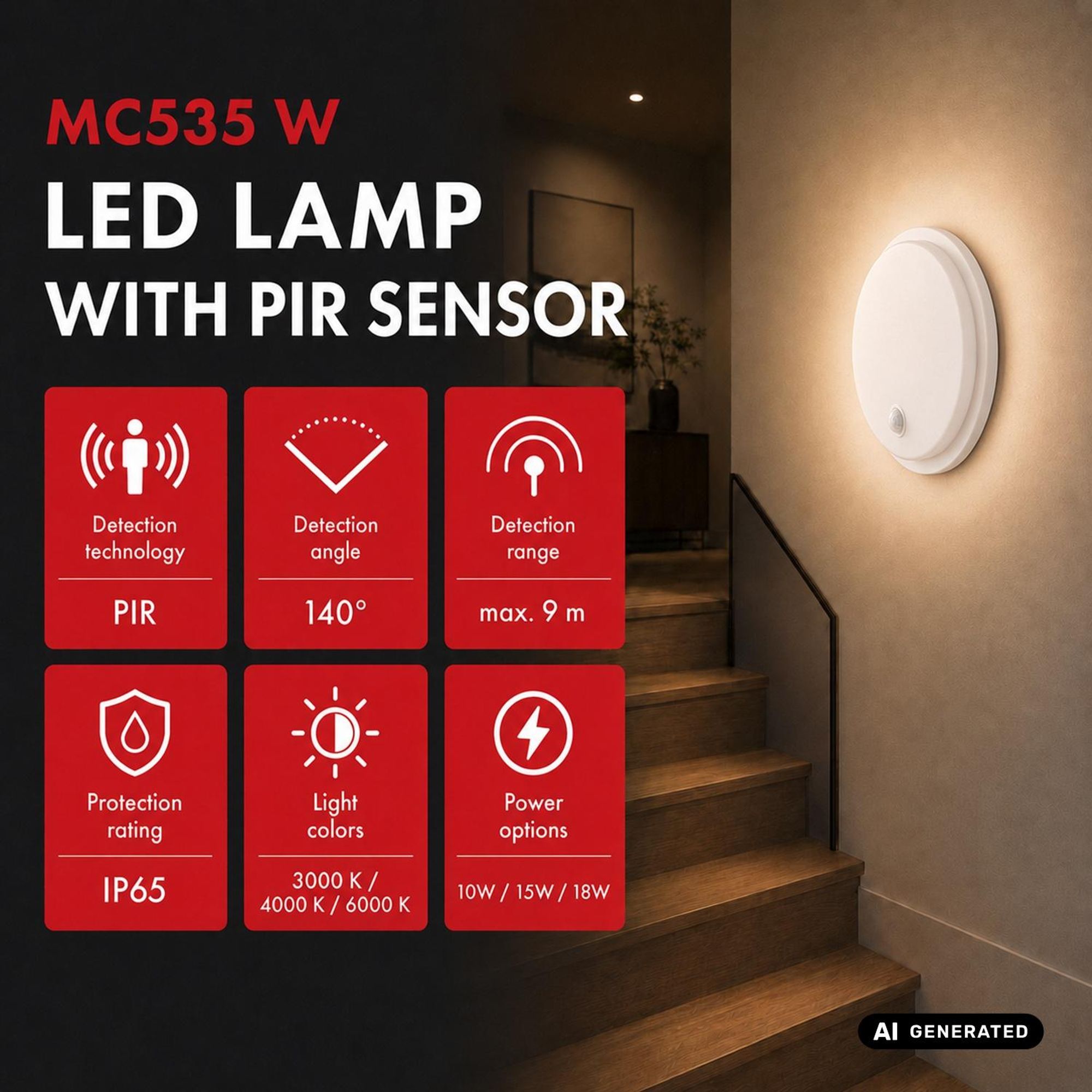 Maclean LED-Leuchte mit Bewegungsmelder PIR-Sensor weiß 10 W/15 W/18 W, IP65 einstellbare Farbtemperatur 3000/4000/6000 K MCE535 W