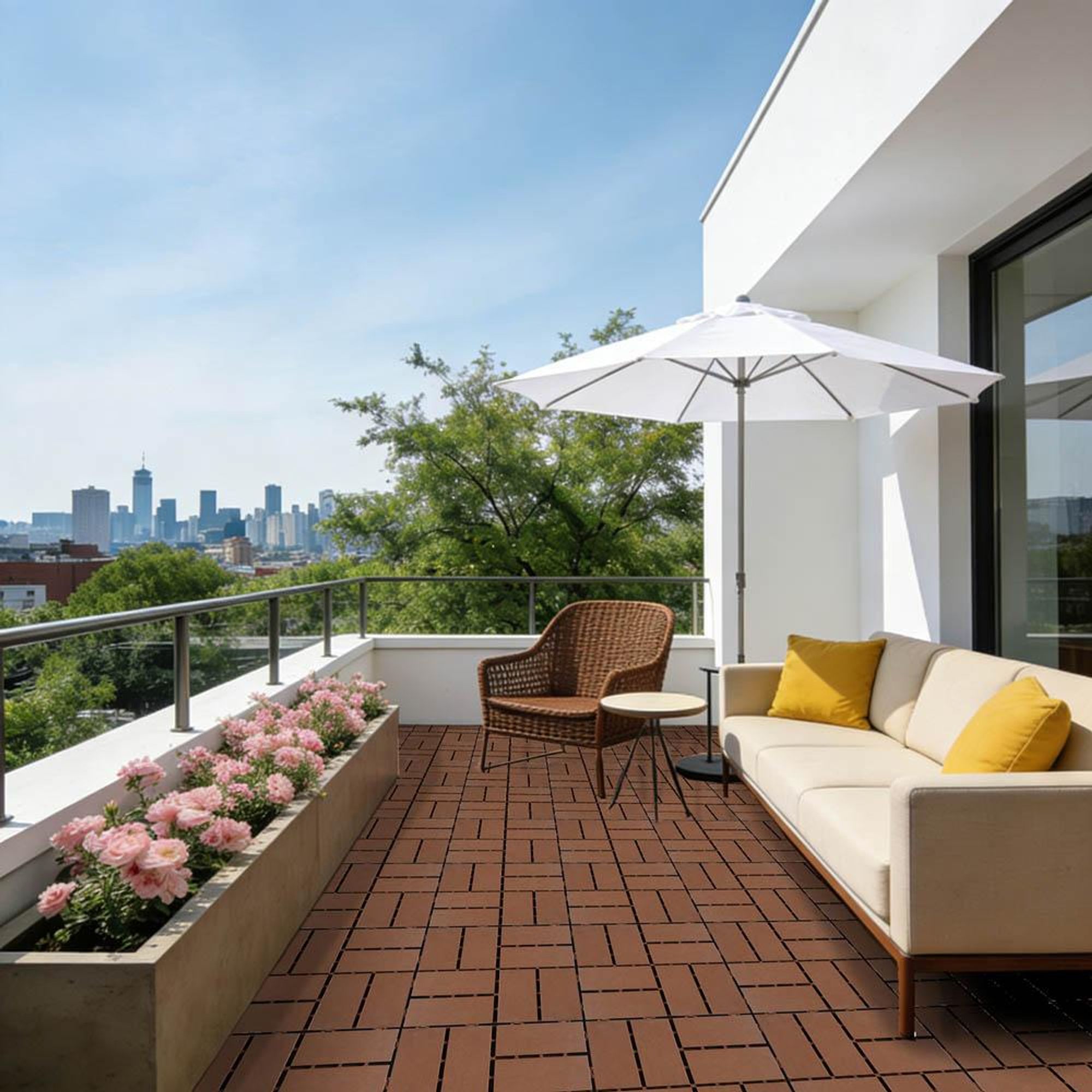 44-teilig Terrassenfliesen Set 30X30cm Klickfliesen 4qm Balkonfliesen Terrassenfliesen Holzoptik Fliese Terrassendielen Balkon, Braun