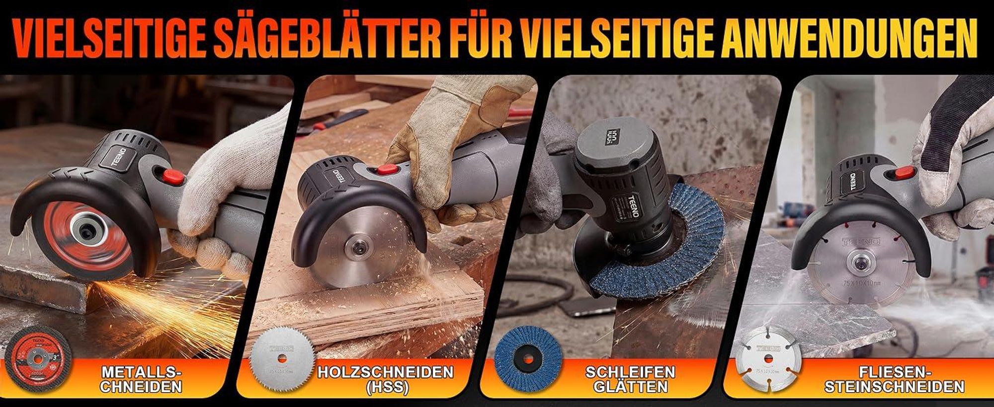 TEENO Akku-Winkelschleifer Bürstenlos 16,8V 76mm 19.500 U/min, 2 Akkus 800W Motor, LED-Display, 2x2000mAh Akkus, 6 Scheiben & Koffer. Schneiden.