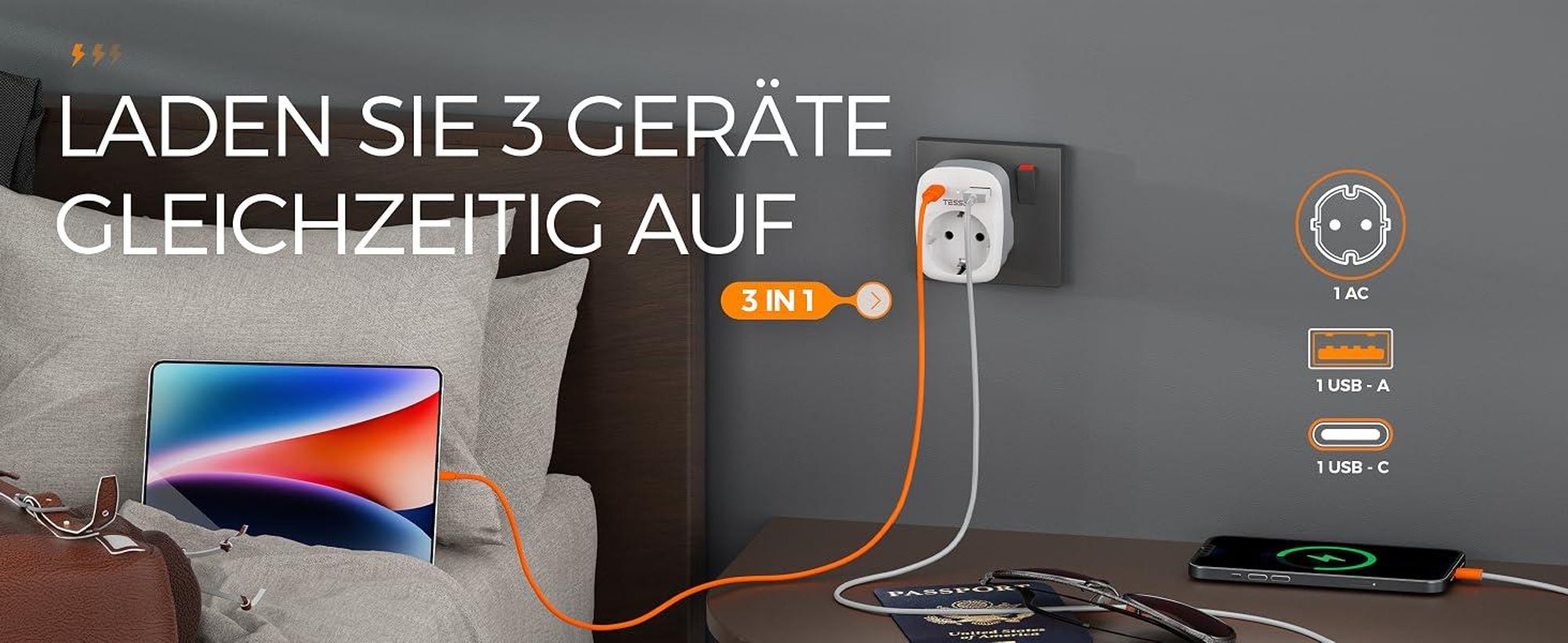 TESSAN 2er Pack Adapter England Deutschland Stecker 3 in 1 Steckdosenadapter mit USB C und USB A 3250W Typ G
