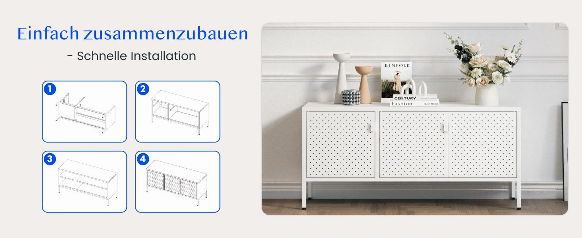 FLEXISPOT TV Schrank Metall – Sideboard mit Lüftungslöchern, 3 Türen & verstellbaren Füßen für Wohnzimmer, Büro, Schlafzimmer, 118x39x55 cm, Weiß