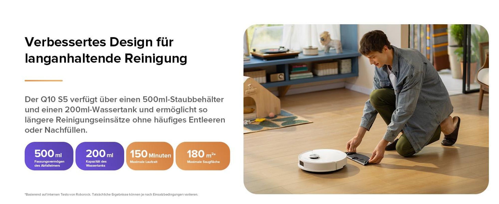 Roborock Q10 S5 Saugroboter mit Wischfunktion, 10.000 Pa Staubsauger Roboter, Dual Anti-Tangle System, Auto Lifting Mopping, Ideal für Tierhaare, Weiß