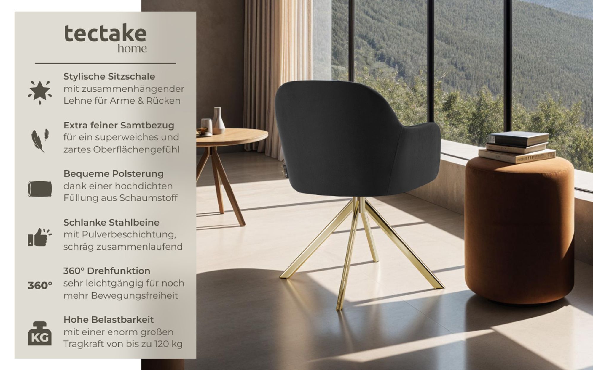 tectake® Samt-Drehstuhl Lona gepolstert 56 x 59 x 81 cm