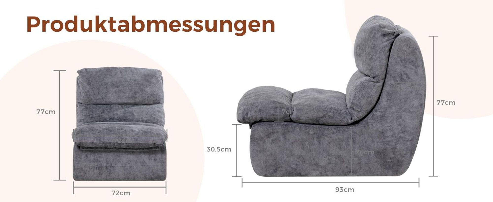 COMHOMA Sofa Relaxsessel TV-Sessel Fernsehsessel Ruhesessel mit tiefer Sitzfläche Einzelsofa Schaumstoffliege, Keine Montage, Grau