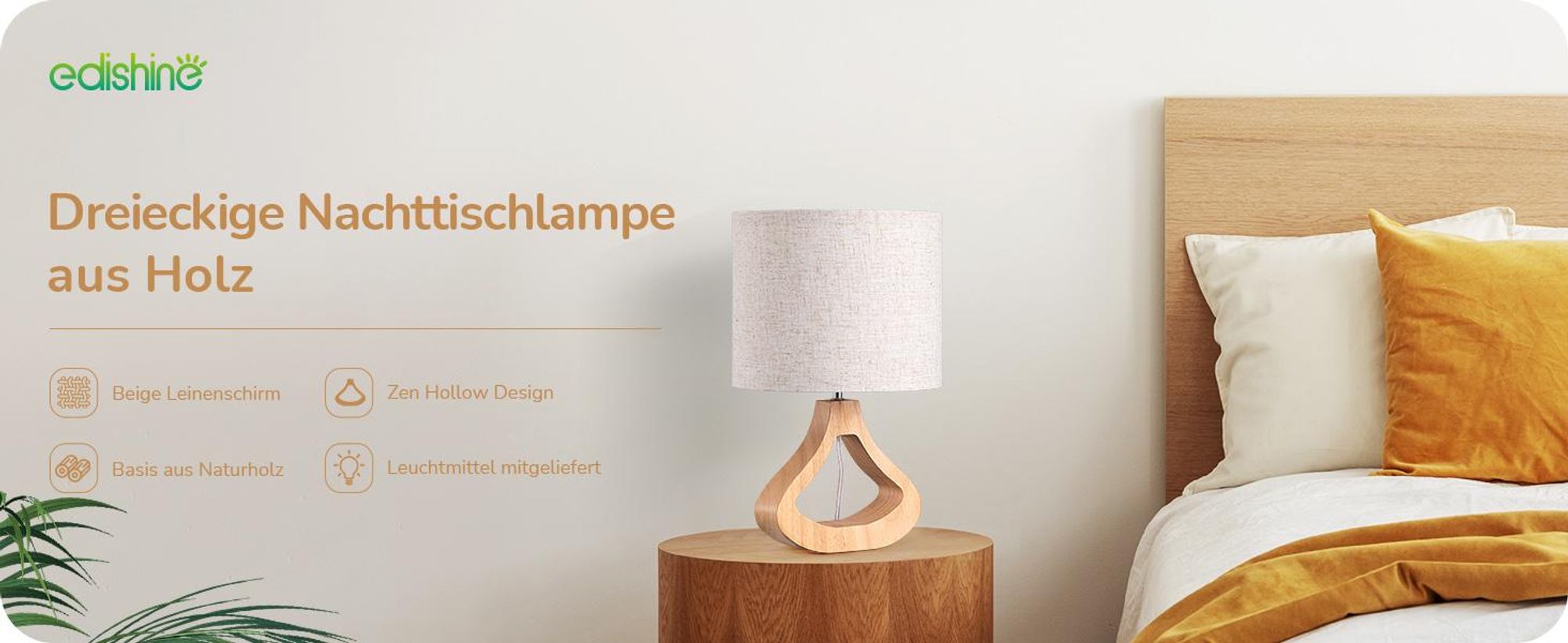 EDISHINE Nachttischlampe aus Holz, Tischlampe mit E27 Leuchtmittlel, Moderne Beige Tischleuchte Vintage für Wohnzimmer, Schlafzimmer