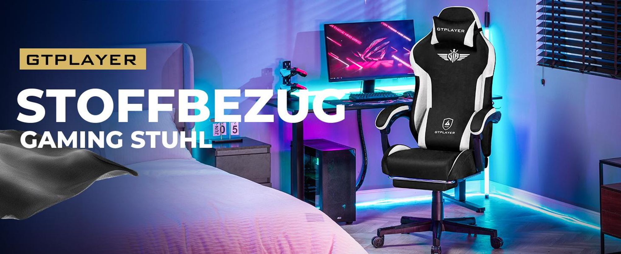 GTPLAYER Gaming Stuhl, Ergonomischer Gamer Stuhl aus Stoff mit Lendenwirbelstütze, PC-Stuhl mit verbreiterter Rückenlehne, Belastbar bis 150 kg, BLK