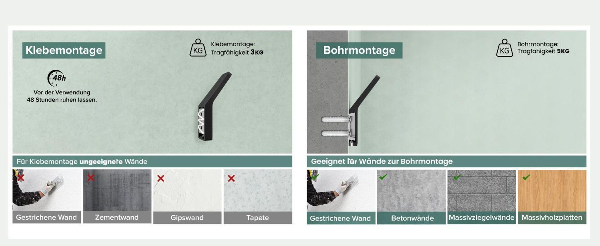 Mai & Mai Kleiderhaken Garderobenhaken 4 Stück in Schwarz, Wandhaken zum Bohren oder Kleben für Schlafzimmer, Badezimmer Stalo-13