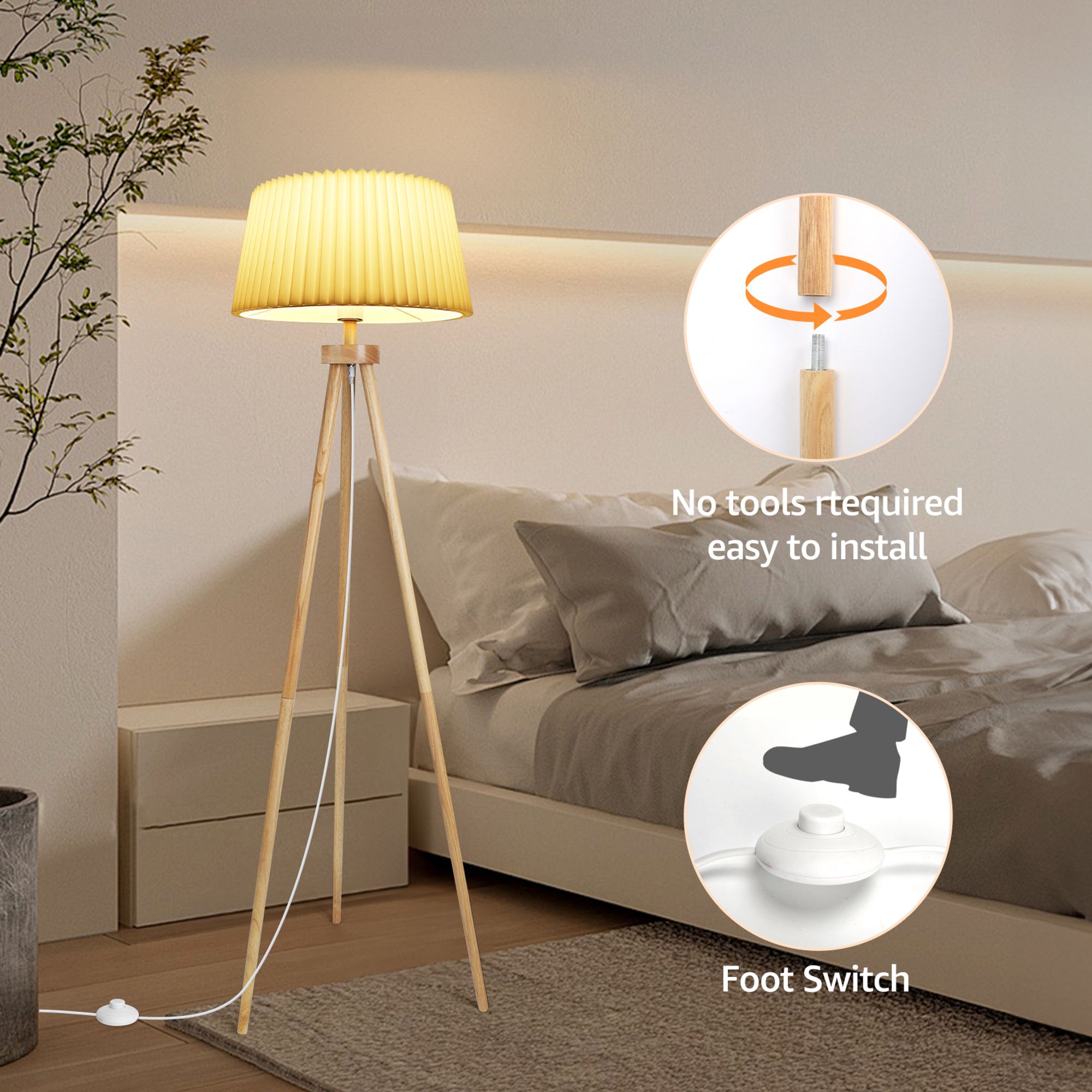 Aigostar stehlampe wohnzimmer, LED stehlampe dreibein holz vintage mit Plissee leinen lampenschirm und fußschalter, Weiß, ohne Glühbirne