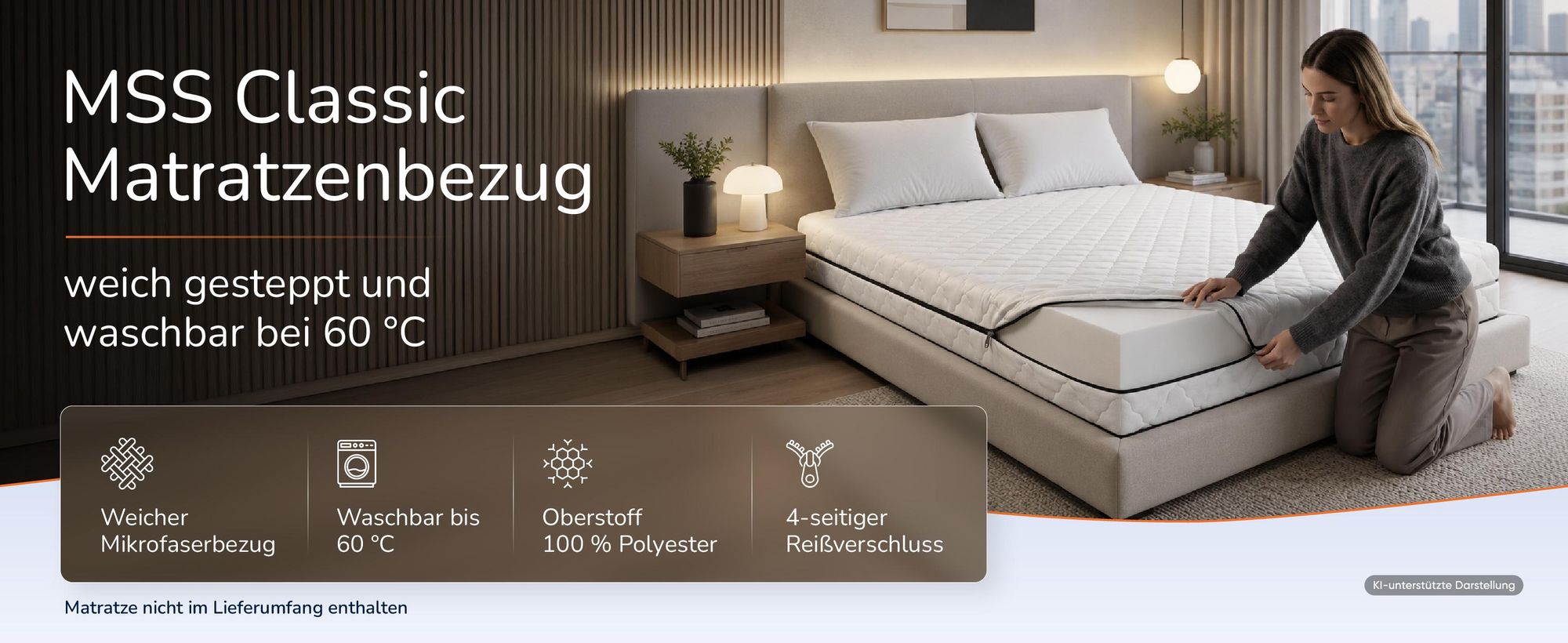 Frau zieht einen weissen Bezug ueber eine Matratze im Schlafzimmer, daneben vier Merkmale