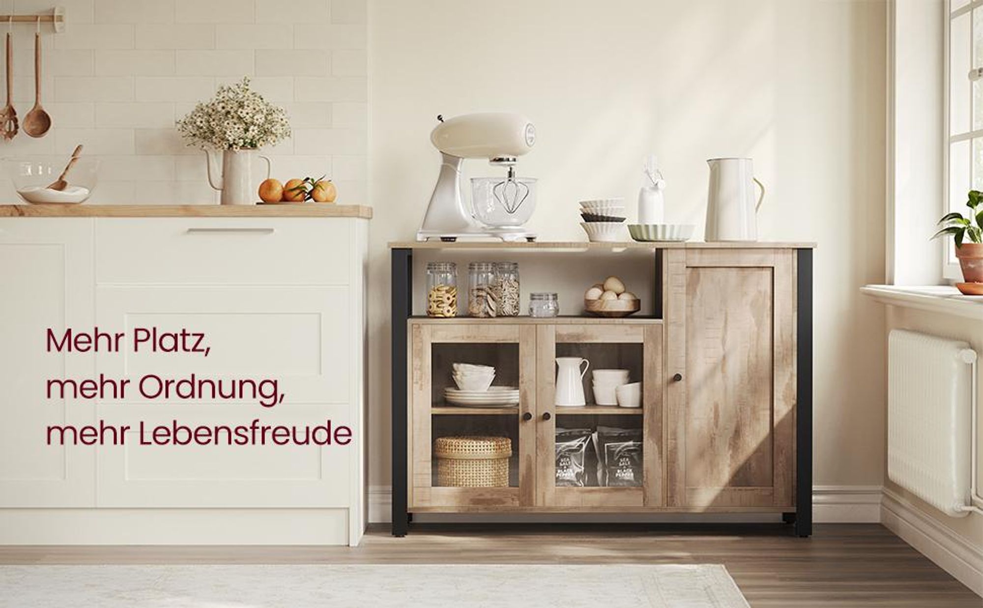 VASAGLE Sideboard, Küchenschrank, Aufbewahrungsschrank, mit 3 Türen, für Wohnzimmer, Küche, Esszimmer, 33 x 110 x 75 cm, Landhausstil, eichenbraun-schwarz CSL096B50