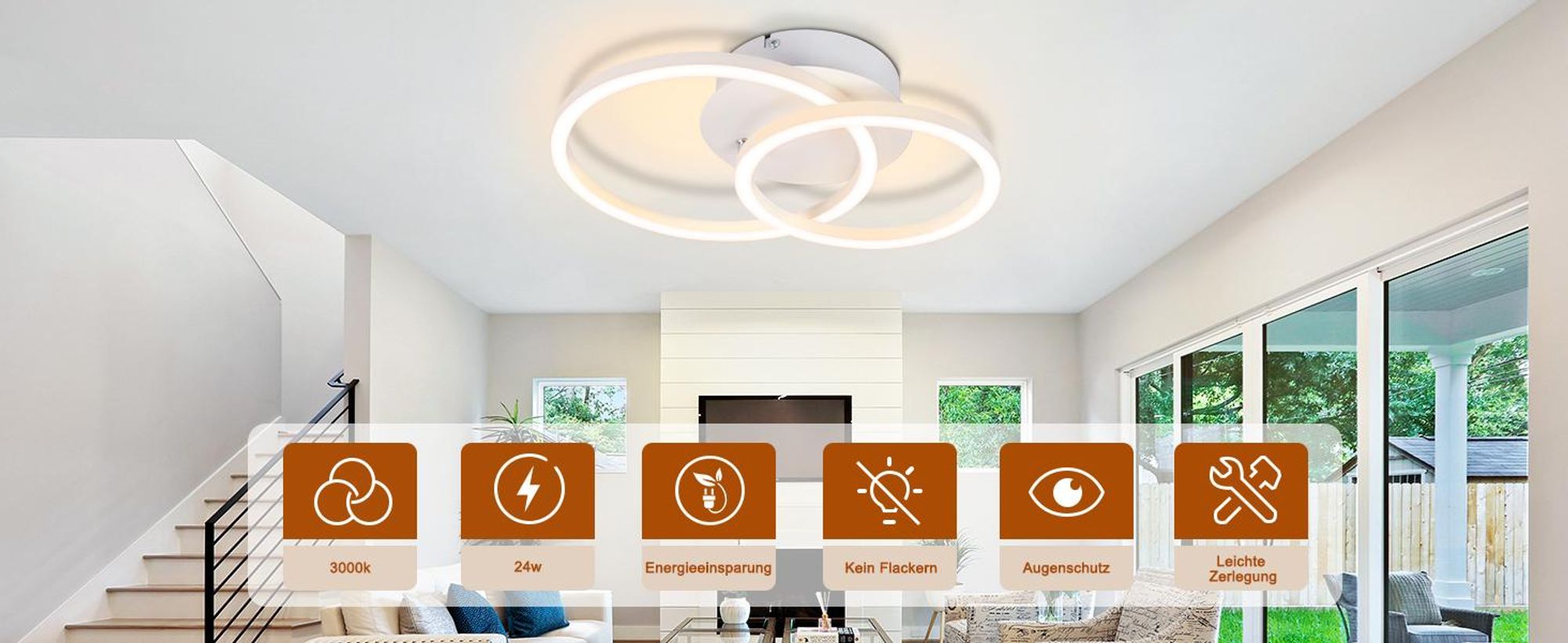 Stropní svítidlo ZMH LED 24 W, 2 kruhy, bílé, otočné, do obývacího pokoje, kulaté, do ložnice, 3000 K, teplá bílá, do kuchyně a obývacího pokoje