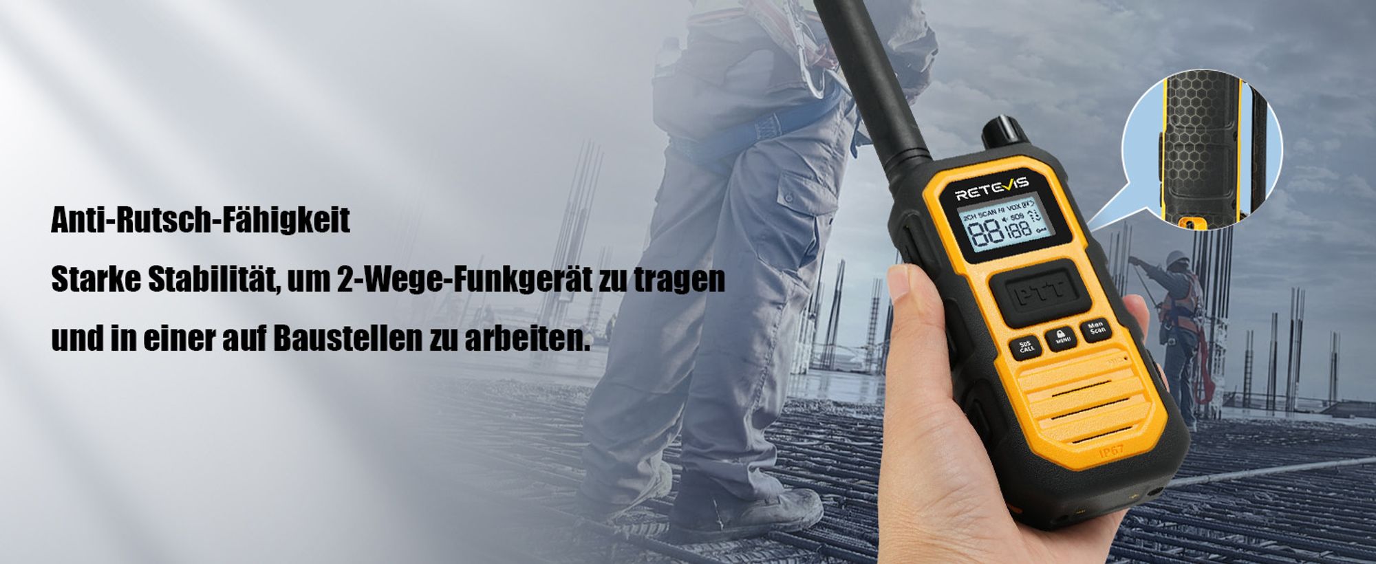 Retevis RB648 Plus Funkgeräte, Wasserdlich IP67, Walkie Talkies, Großer Reichweite, Robustes, Langlebiges, Gruppenruf, 2000mAh, Typ C, für Baustellen
